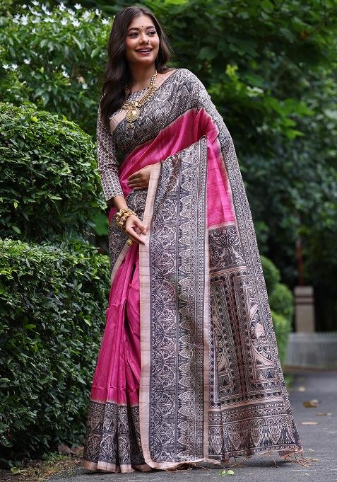 Pink Embroidered Silk Saree Set