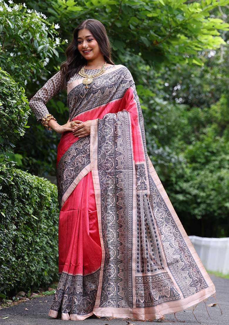 Red Embroidered Silk Blend Saree Set - Indya