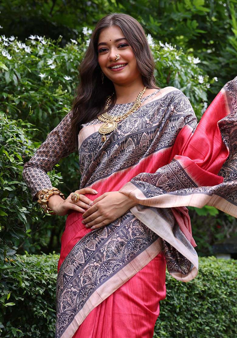 Red Embroidered Silk Blend Saree Set - Indya