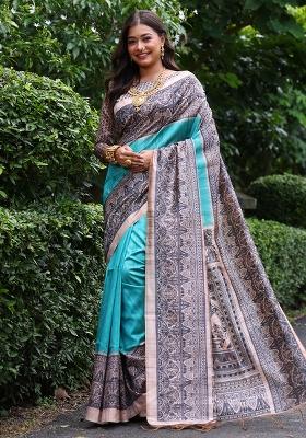 Aqua Embroidered Silk Saree Set