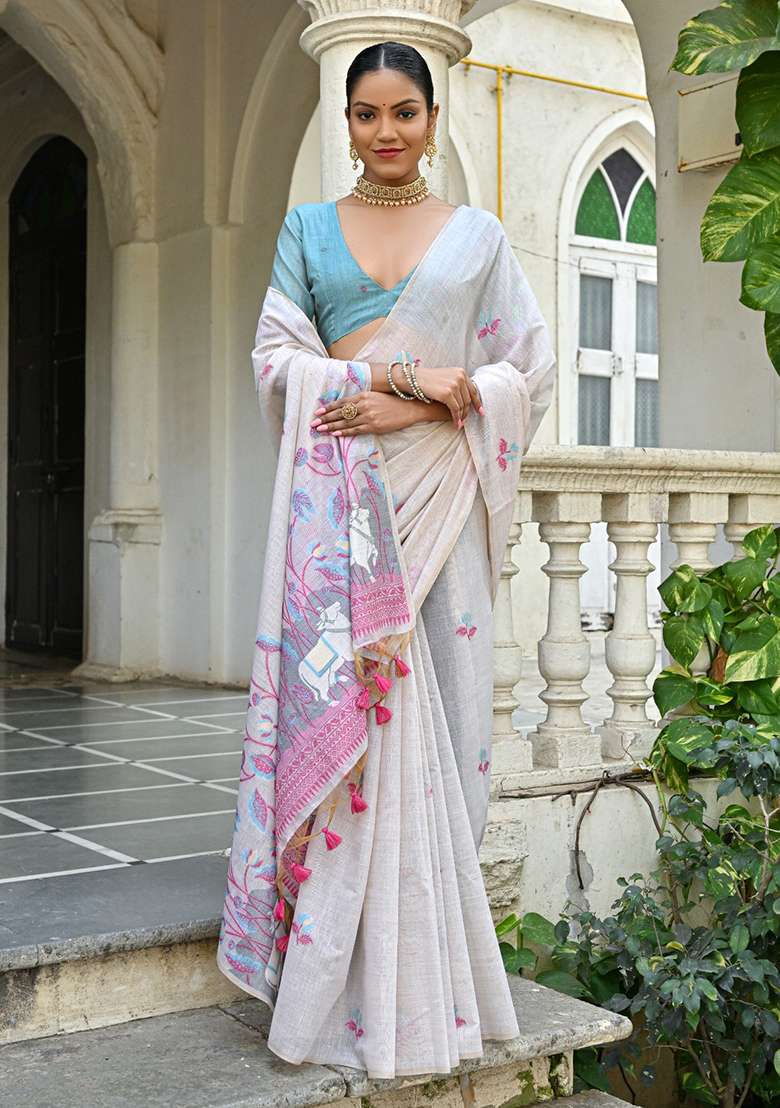 Off White Embroidered Silk Saree Set - Indya