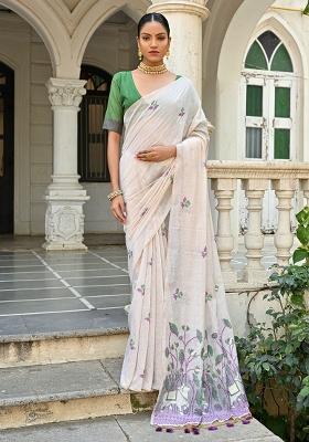 Off White Embroidered Silk Saree Set
