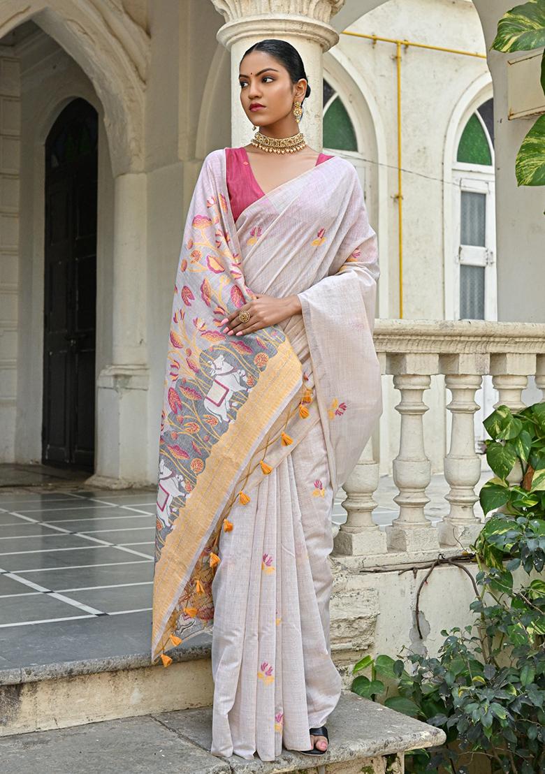 Off White Embroidered Silk Saree Set