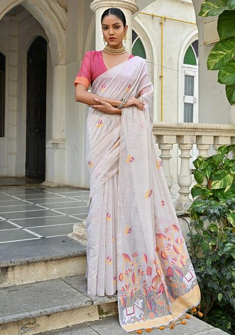 Off White Embroidered Silk Saree Set
