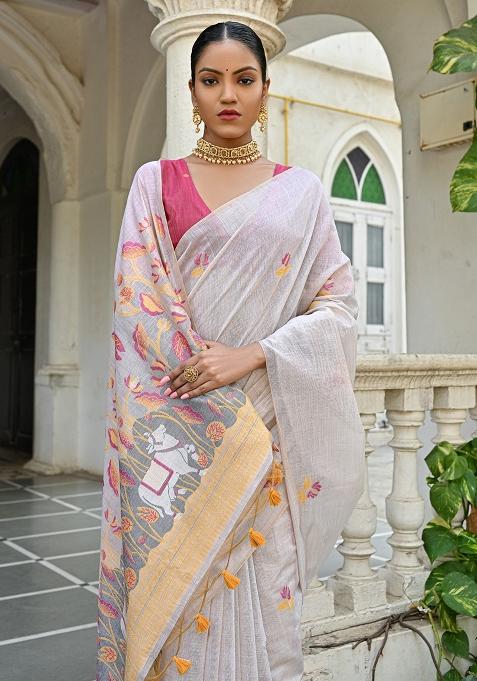 Off White Embroidered Silk Saree Set