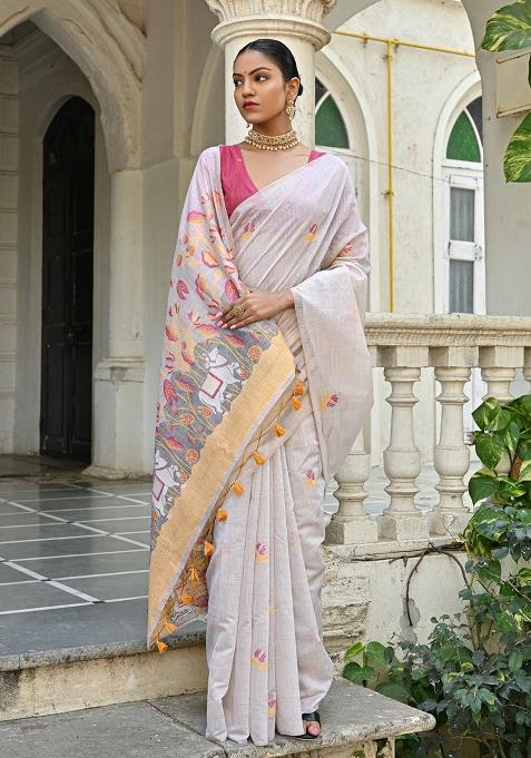 Off White Embroidered Silk Saree Set