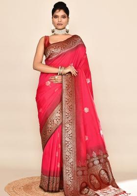 Rani Pink And Bottle Green Solid Silk Saree Set