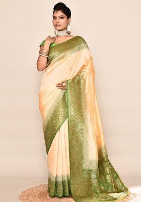 Light Yellow And Parrot Green Solid Silk Saree Set