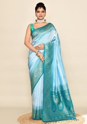 Sky Blue And Rama Solid Silk Saree Set