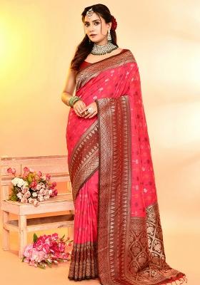Rani Pink And Bottle Green Solid Silk Saree Set