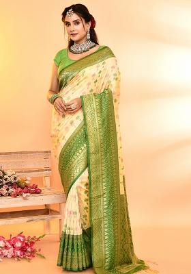 Light Yellow And Parrot Green Solid Silk Saree Set