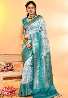 Sky Blue And Rama Solid Silk Saree Set
