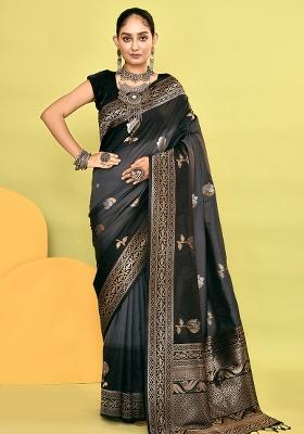 Grey And Black Solid Silk Saree Set
