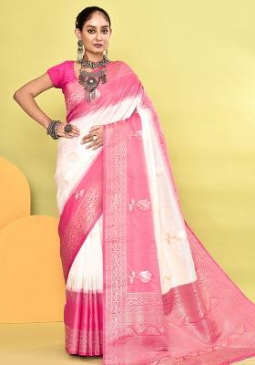 White And Rani Pink Solid Silk Saree Set