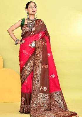 Rani Pink And Bottle Green Solid Silk Saree Set
