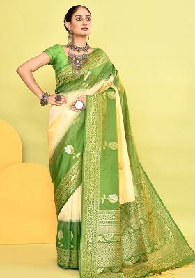 Light Yellow And Parrot Green Solid Silk Saree Set