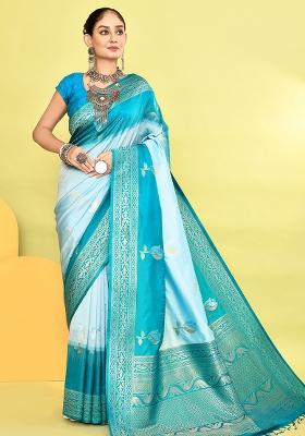 Sky Blue And Rama Solid Silk Saree Set
