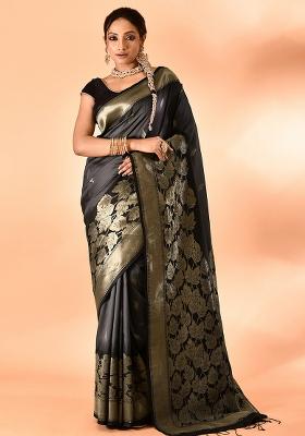 Grey And Black Solid Silk Saree Set