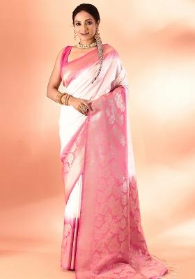 White And Rani Pink Solid Silk Saree Set