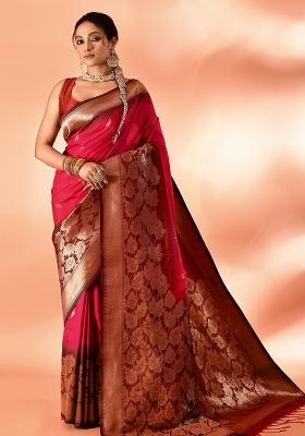 Rani Pink And Bottle Green Solid Silk Saree Set