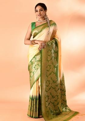 Light Yellow And Parrot Green Solid Silk Saree Set