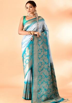 Sky Blue And Rama Solid Silk Saree Set