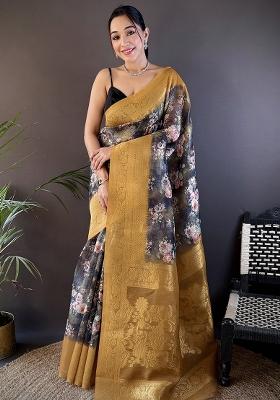 Gold Solid Silk Saree Set