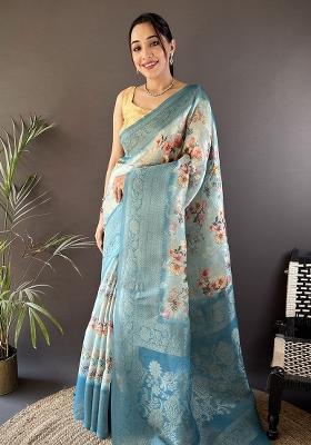 Sky Blue Solid Silk Saree Set