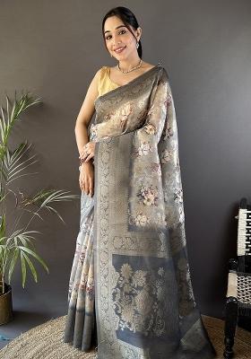 Grey Solid Silk Saree Set
