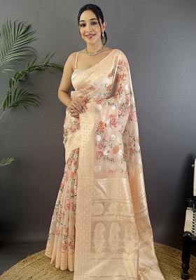 Beige Solid Silk Saree Set