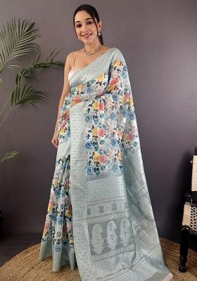 Grey Solid Silk Saree Set
