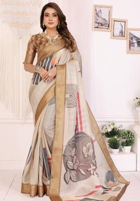 Beige Solid Silk Saree Set