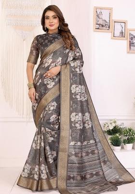 Dark Grey Solid Silk Saree Set