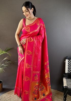 Rani Pink Solid Silk Saree Set