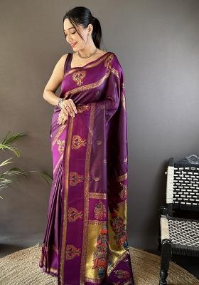 Purple Solid Silk Saree Set