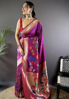Rani Pink Solid Silk Saree Set