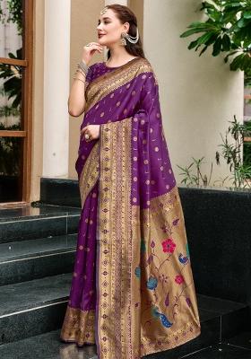 Purple Solid Silk Saree Set