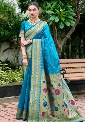 Sky Blue Solid Silk Saree Set