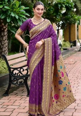 Purple Solid Silk Saree Set