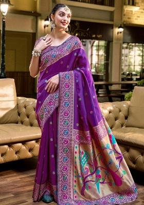 Purple Solid Silk Saree Set