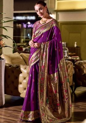 Purple Solid Silk Saree Set