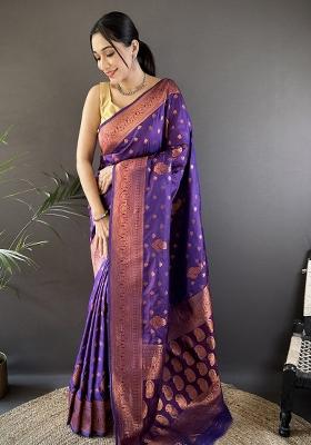 Purple Solid Silk Saree Set