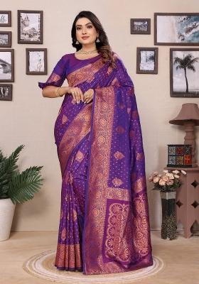 Purple Solid Silk Saree Set
