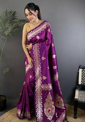 Purple Solid Silk Saree Set