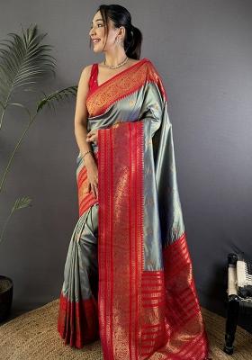 Grey Solid Silk Saree Set