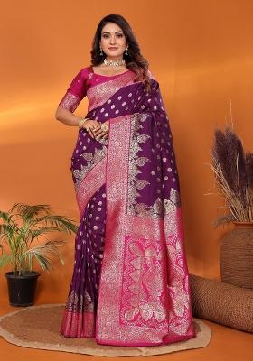 Purple Solid Silk Saree Set