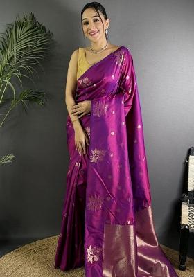 Purple Solid Silk Saree Set