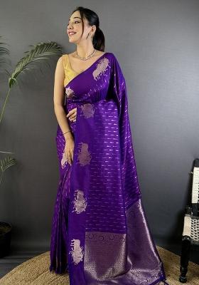 Purple Solid Silk Saree Set
