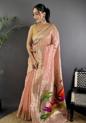 Coral Pink Solid Silk Saree Set