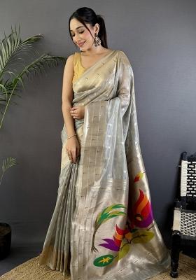 Grey Solid Silk Saree Set